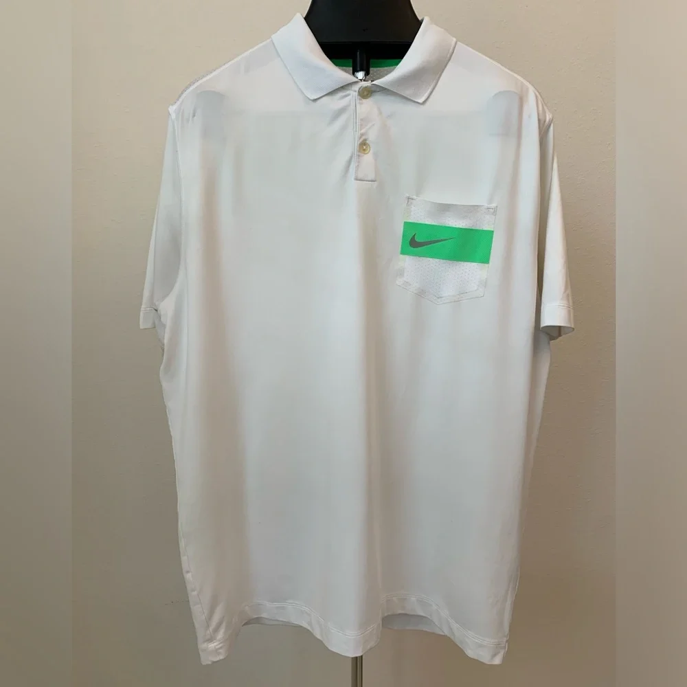 Nike Golf Tour Performance‎ Dri-Fit Polo White - Green Pocket Design Men's Large